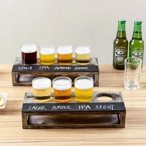 Beer Sampler Tray Torched Wood Serving Set with 4 Glasses and Erasable Chalkboard Label, Beer Tasting Flight, Set of 2