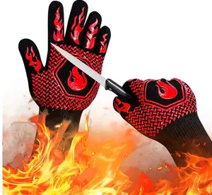Fireproof Gloves, Grill Cut-Resistant Gloves 1472°F Heat Resistant Gloves, Non-Slip Silicone Oven Gloves, Kitchen Safe Cooking Gloves for Oven Mitts,Barbecue,Cooking, Frying,13.5 Inch-Red