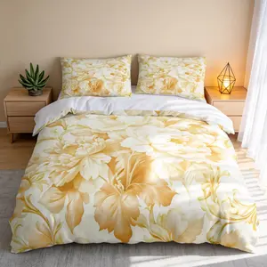 3-Piece Duvet Cover Set, Elegant Gold Spring Floral Pattern, White Inner Lining, Bedding Set, Soft and Comfortable Duvet Cover for Bedroom, Guest Room, Home Bedding (1 Duvet Cover + 2 Pillowcases, Inserts Not Included)