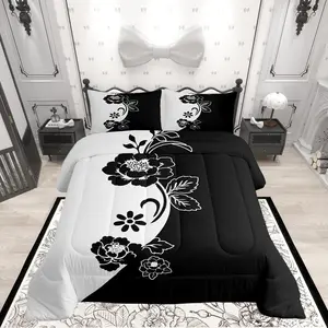 Black and White Comforter Set,Modern Floral Bedding Set,Kids Girls Women,Adults Abstract Art Comforter,Yin and Yang Quilted Duvet Set,Bedroom