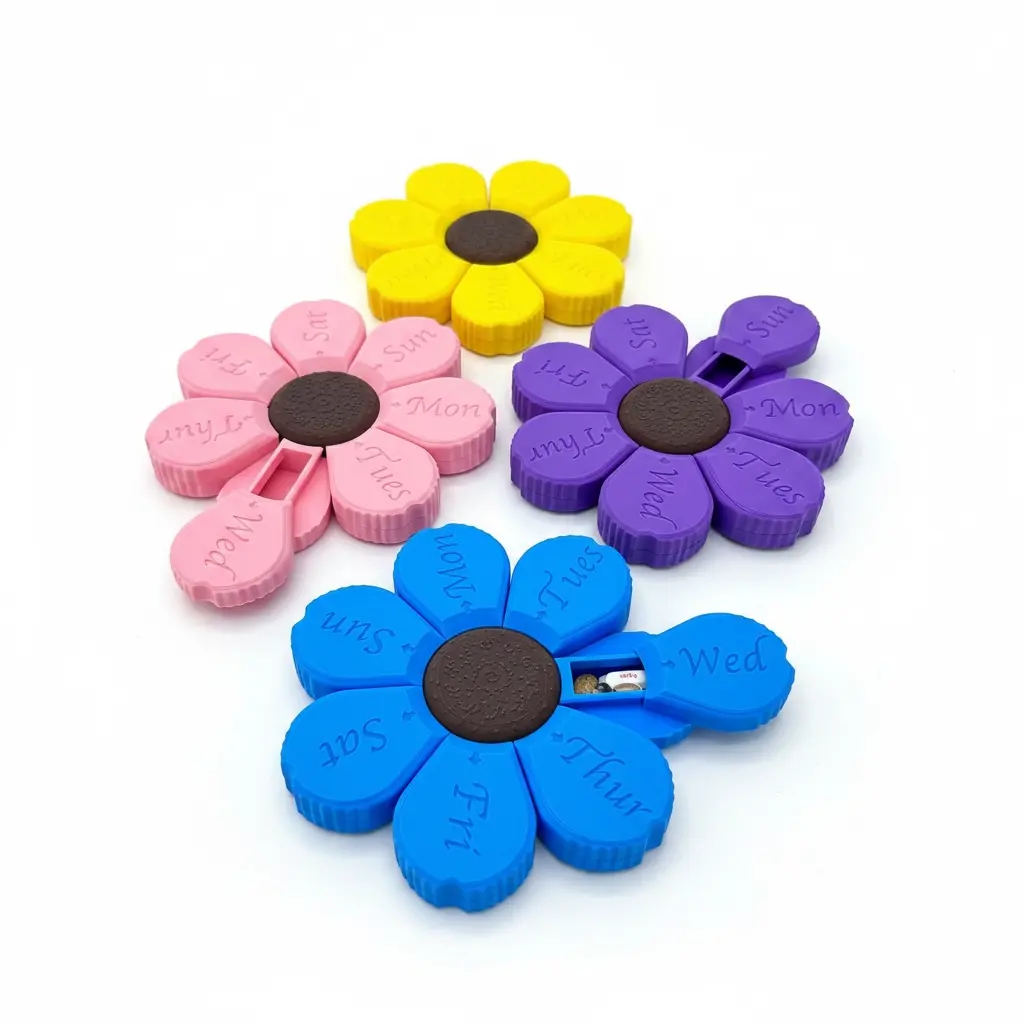 Flower Pill Organizer 7 Day Weekly Pill Box Storage Case with Removable Sliding Lid & Petals Snap Locking Lids Engraved Days of the Week Portable Travel Medication Container