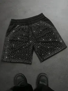Men's Rhinestone Star Print Elastic Waist Casual Shorts, Edgy Y2K Streetwear Style, Soft Breathable Fabric, Drawstring Waist & Sparkly Rhinestone Design, Ideal for Night Outs, Clubbing, Music Festivals & Trendy Casual Wear, Perfect for Bold Fashion Lovers