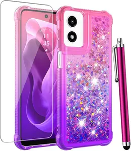 Moto G Play 2024 Case with Screen Protector, Cute Women Girls Glitter Bling Liquid Floating Phone Case Slim TPU Soft Silicone Shockproof Girly Cover for Motorola G Play 2024 -Pink Purple Cellphone Rubber