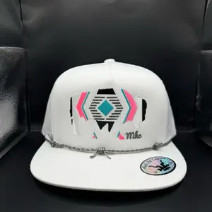 Bison Spirit Hat White with Pink and Teal Geometric Design by Marfa Hat Company