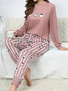 Women's Round Neck Cartoon Strawberry Striped Long Sleeve Pants Sleepwear Set, Casual Home Wear for Spring Summer Autumn Winter Pajama Set