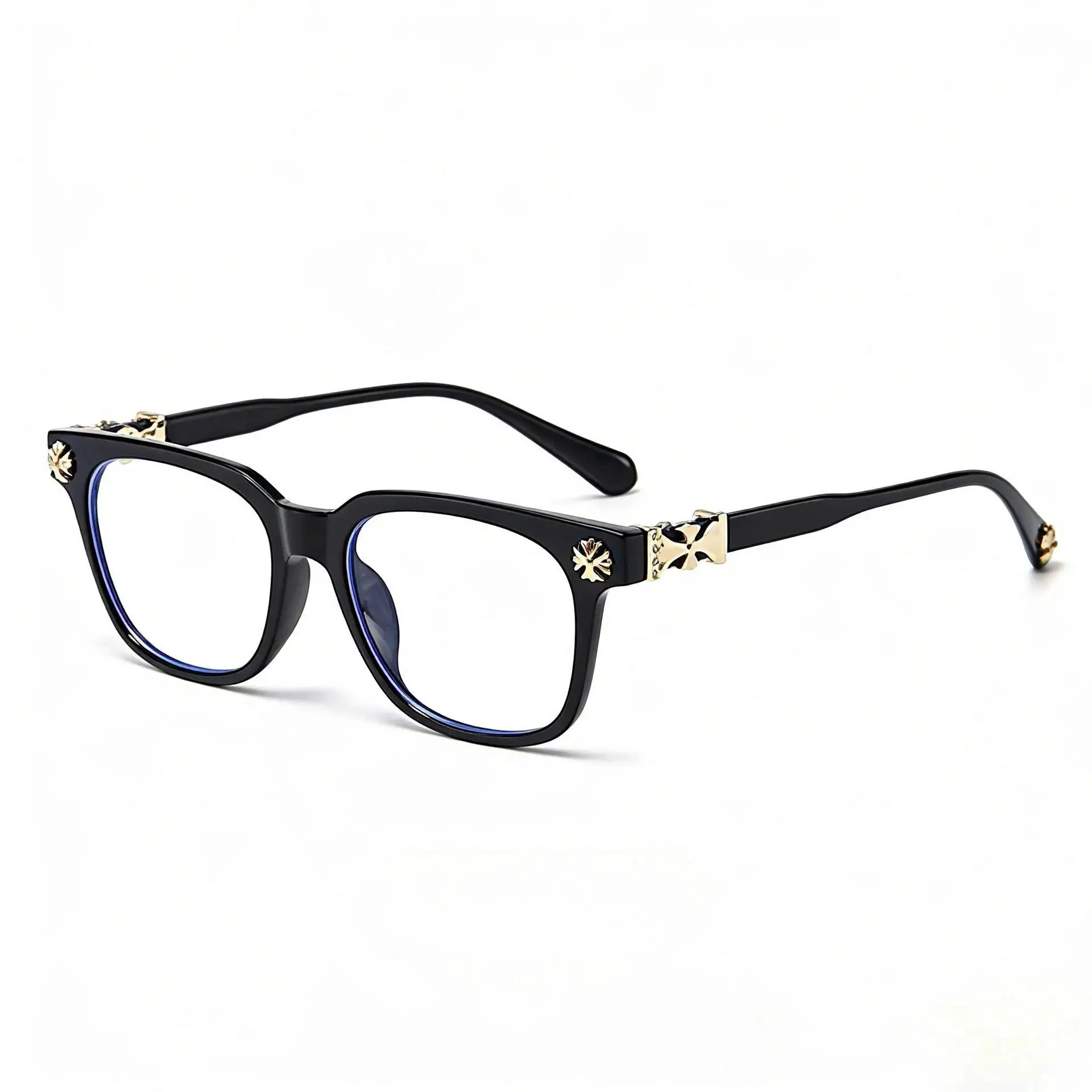 Black Eyeglass Frames with Gold Cross Metal Detail, Clear Lens Computer Glasses , Perfect Gift