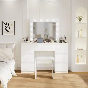 Modern Large White Particle Board Bedroom Makeup Vanity, 3-Color Adjustable Lighting Mirror, Spacious Storage Drawer