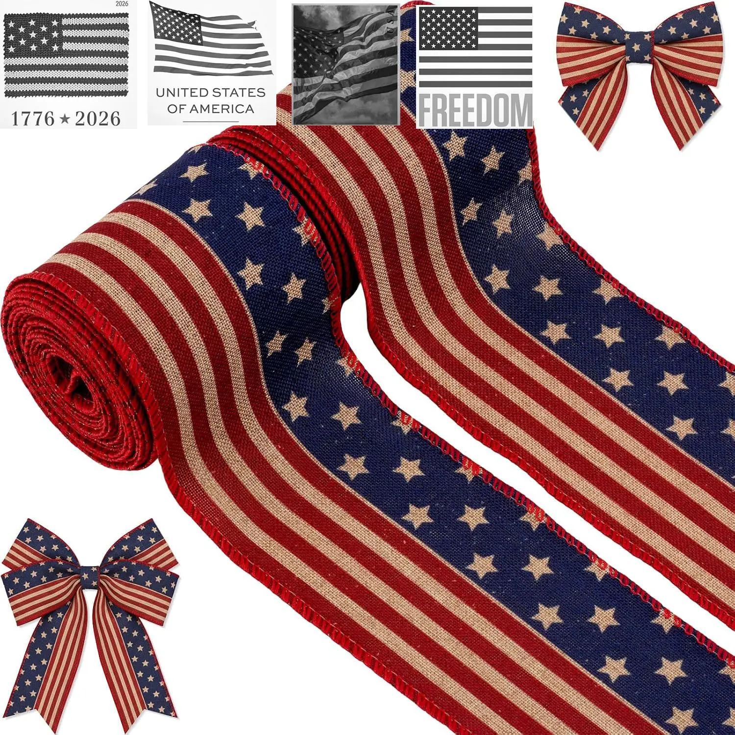 American Flag Ribbon  1 Rolls=100pcs  - Patriotic Red White Blue Ribbon with Stars and Stripes - 4th of July Ribbons for Wreaths, Bows, Crafts, Party Decorations