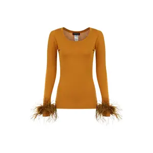 Camel Knit Top With Detachable Feather Cuffs