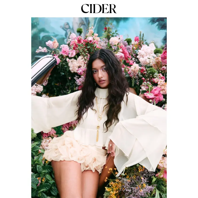 Cider Chiffon High Neck Ruffle Dolman sleeve See-Through Crop Blouse