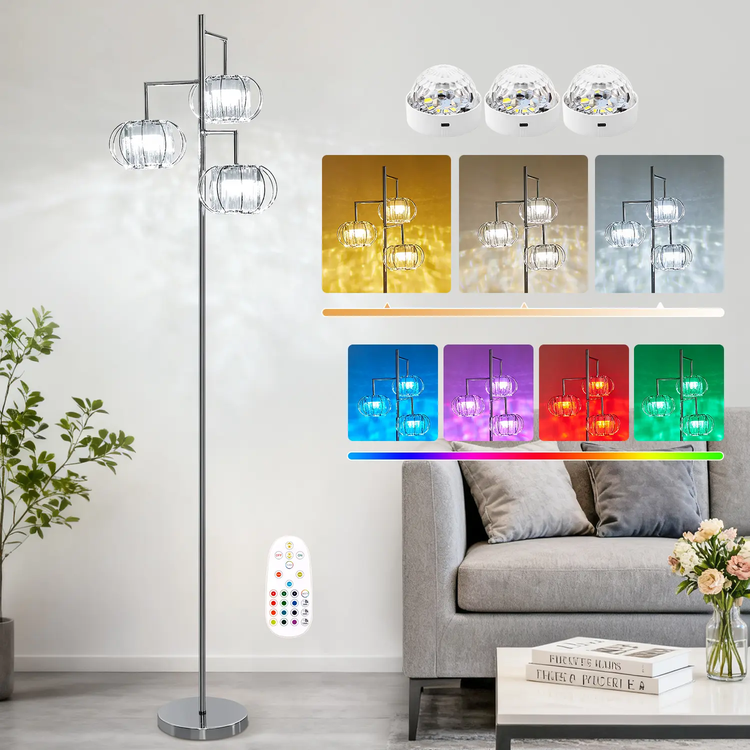 3-Head Rechargeable RGB Crystal Floor Lamp - Iron, Bulb Included, Adjustable Lighting, Dimmable, Remote Control Color Changing, Home Décor for Bedroom, Apartment (Floor Lamps & Torchieres)
