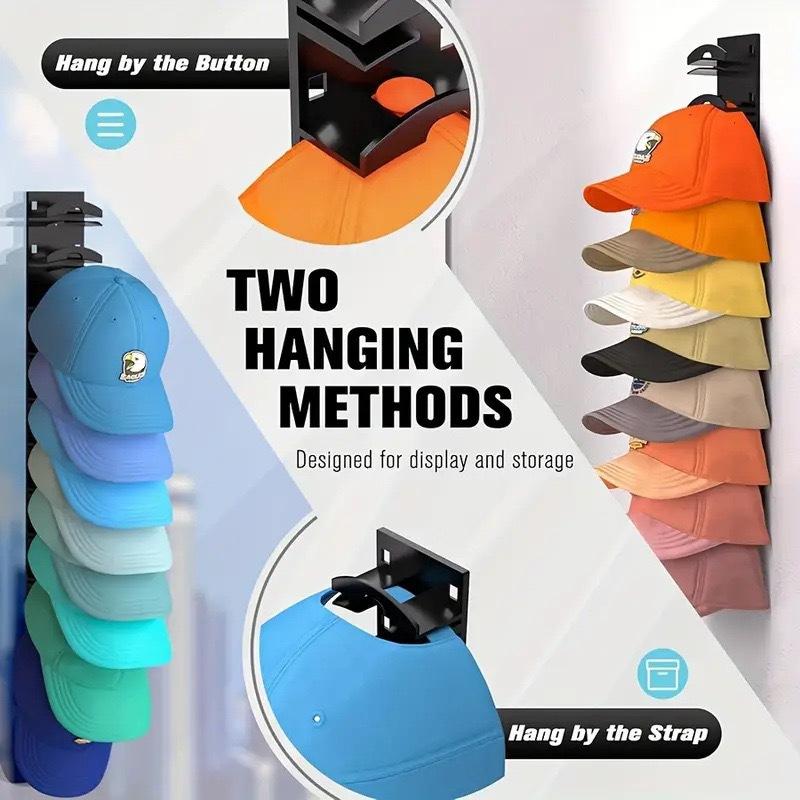 20-piece baseball cap storage rack, with two installation methods - adhesive or nail attachment. The stackable display rack is convenient for storage and can hold 20 hats.