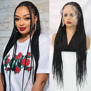 DOSAY Colored Synthetic Full Lace Wigs Fulani Cornrow Braided Wigs 1B Red Burgundy Middle Part Knotless Braiding Wigs For Black Women 36 Inches 360 Full Lace Front Heat Resistant Fiber