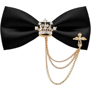 Adjustable Bowtie, Mens Black Bow Tie with Rhinestone Brooch Chain, Pre Tied Bow Ties for Men