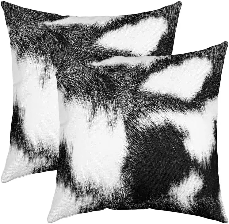 Feelyou 2-Pack Square Cushion Slipcovers - Cowhide Material, Black-White Farm Animal Cow Print, Interchangeable Customizable Removable Decorative Cases for Cushions, Interchangeable Cushion Covers