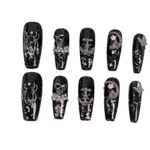 Handmade Punk Style Nail Art Set, Base Silver Color Spider Skull Anchor Rhinestone Accents Design, Streetwear Party Nails, Nails Kit Set
