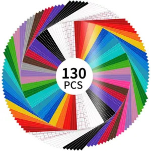 130 Pack Permanent Vinyl - 12"x12" Self Adhesive Vinyl Sheets, 120 Sheets & 10 Transfer Tape Sheets for Cutting Machines and Decor Stickers