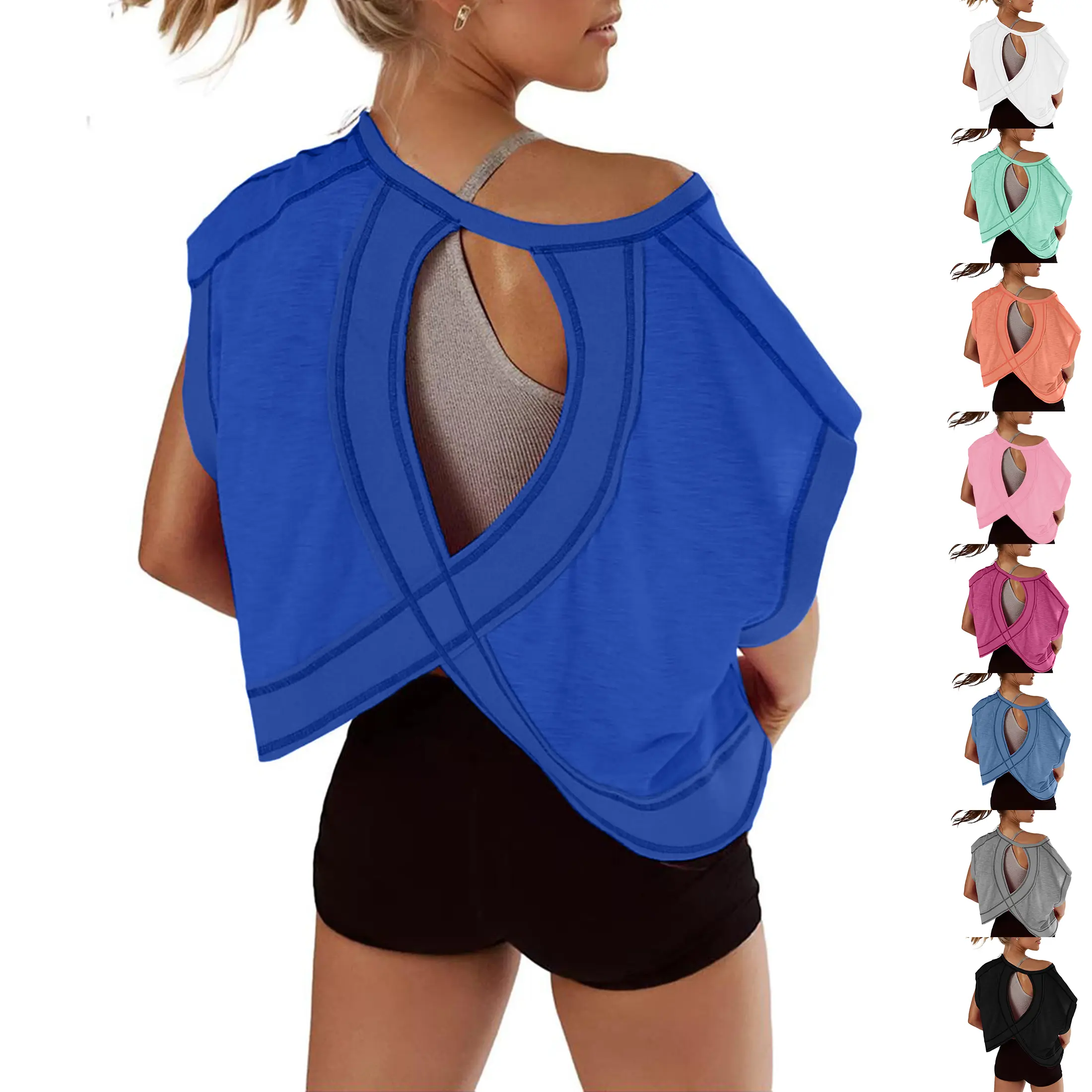 Wandal  Women Y2K Open Back Crop Workout Tee Short Sleeve Slouchy Loose Gym Yoga Running Breathable Athletic Casual Training Shirt