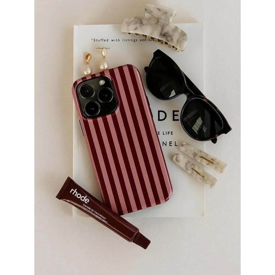 Burgundy & Pink Stripe iPhone Case Glossy Slim Tough Cover for iphone 17 promax case air 16 plus 15 promax 14 pro 13max 12 11 Samsung S25 EDGE S24 S23 S22 S21 NOTE 20 Ultra Google Pixel with Polycarbonate TPU Impact Resistance & Wireless Charging Support,