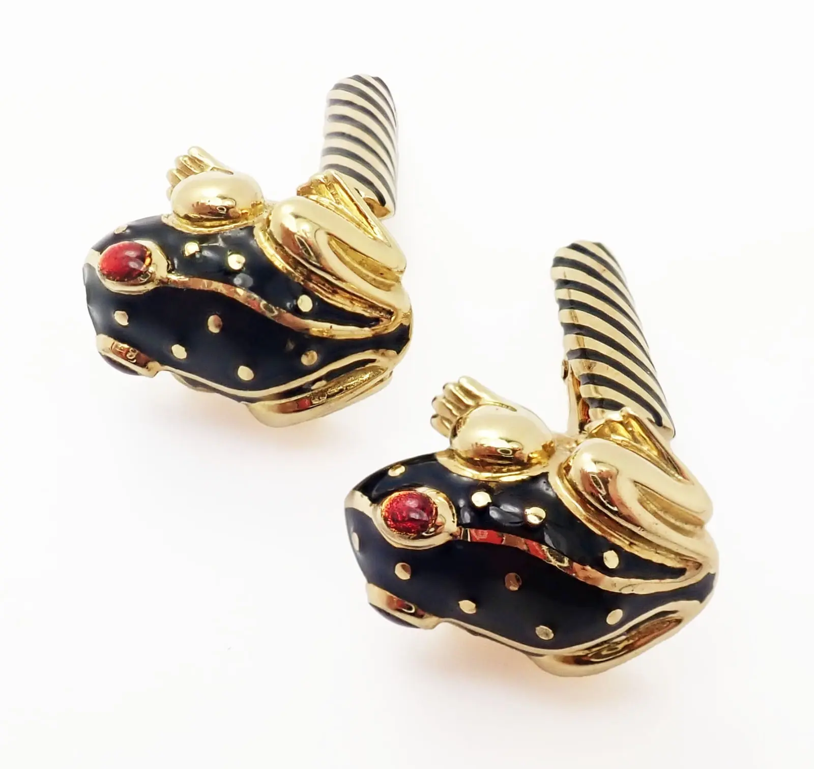 Authentic! Vintage David Webb 18k Yellow Gold Ruby Black Enamel Frog Cufflinks