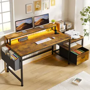 56.5" Computer Desk With File Drawers Cabinet, Study Writing Gaming Desk With Power Outlets, Home Office Desk With Shelves Monitor Stand, Work Table With Printer Space