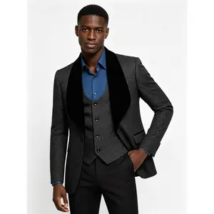 Men's Black Jacquard Tuxedo 3-Piece Set, Velvet Shawl Lapel Slim Fit Blazer Vest Pants for Wedding, Performance, Prom