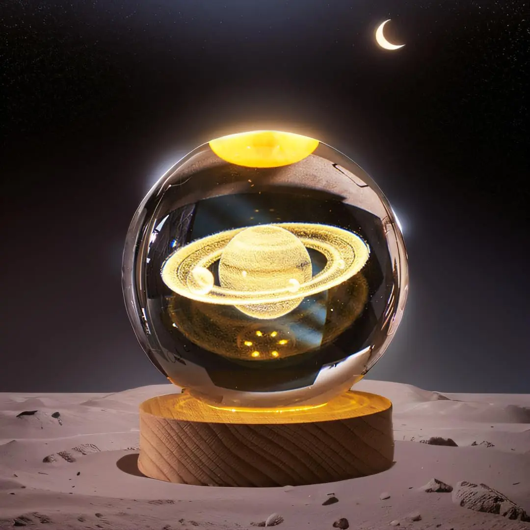 2.4 in (60mm) 3D Saturn LED Lighted Crystal Ball with LED Stand - Space Theme Indoor Novelty Lamp, Glass Sphere Figurine Paperweight, Bedroom Decor & Gift Ideas