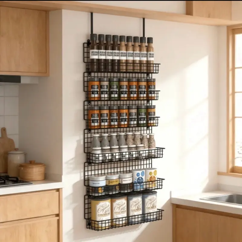 Black 6-Tier Spice Rack Organizer, Door Hook Included, Wall-Mounted/Over-The-Door Storage for Kitchen Pantry Cabinet, 2 Sizes, Large Capacity
