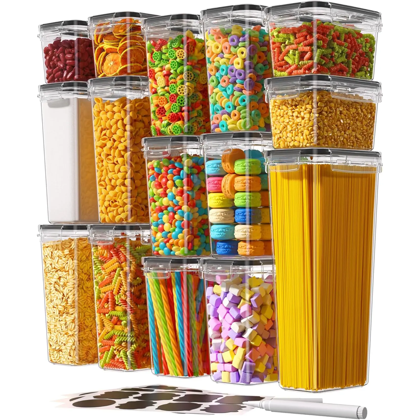 15-Piece Airtight Food Storage Containers with Lids, BPA-Free PVC-Free Food-Grade Plastic Leak-Proof Kitchen Pantry Organization Canisters for Cereal, Flour, Sugar, Plus 24 Extra Labels & Marker