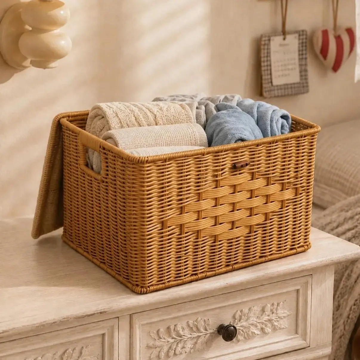 Plastic Rattan Handwoven Storage Basket with Lid & Handles - Waterproof, Moisture-Proof, Durable, Drop-Resistant, Easy-to-Clean, Portable Multifunctional Home Organizer for Kitchen, Living Room (Rectangle, Rattan Look, Home Decor), Boxes, Organize Items