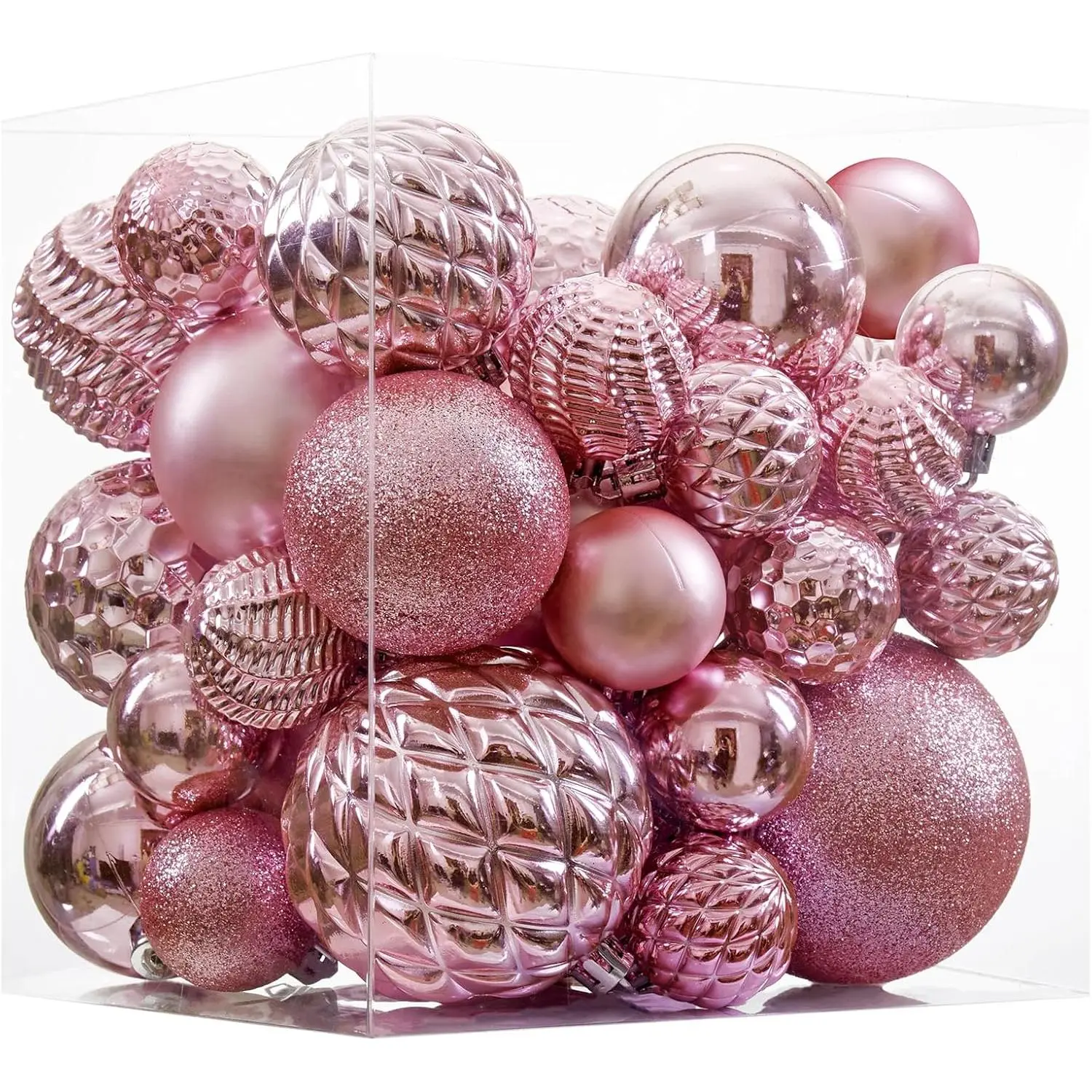 Non-Toxic Plastic Pink Christmas Ball Ornaments - 36pcs Shatterproof, Drop-Resistant, Anti-Drop Decorative Ornaments with Hanging Loops, 6 Styles, 3 Sizes, for Family Christmas Tree, Home Festive Decor, Durable