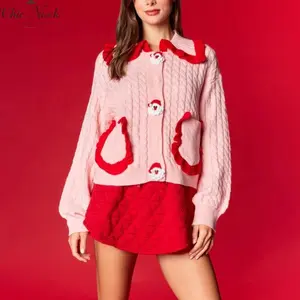 Women's Christmas Sweater Cardigan Long Sleeve Doll Collar Santa Claus Button Up Knitwear