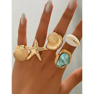 5pcs French-Style Baroque-Inspired Rings, Vintage Starfish Conch Seashell Designs, Elegant Accessories for Women, Daily Wear or Vacations