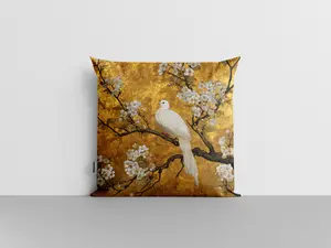 2 Pieces Oriental Elegance Gold Foil White Dove Floral Print Throw Pillow Covers 18 x 18 Inches Classic American Style Sofa Cushion Decorative Pillows No Filler