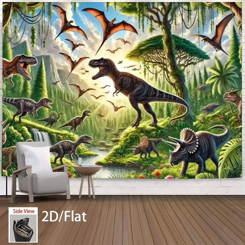 1pc Dinosaur World Polyester Canvas Wall Art Backdrop Tapestry for Bedroom - Vibrant Prehistoric Scene with T-Rex, Pterodactyls, Durable Fabric for Home Wall Decoration, Birthday Parties - No Electricity Needed