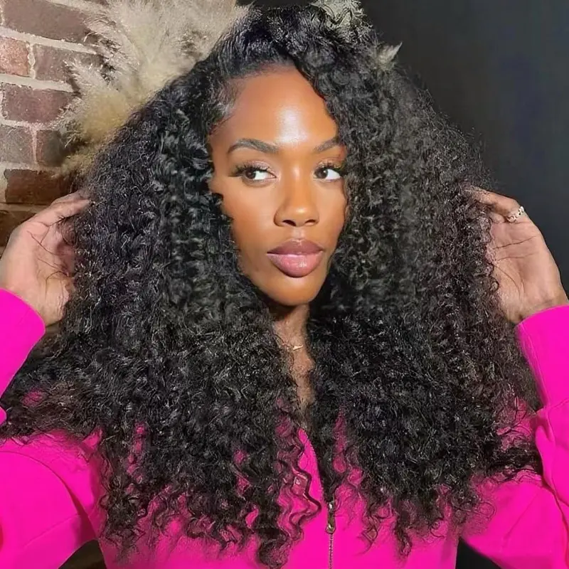 [3 IN 1 Half Wig] Human Hair 200% Density Kinky Curly Glueless Wigs Human Hair 3 in 1 Drawstring Seamless Flip Over With Adjustable String Invisible Hairline Beginner Friendly Headband Wig