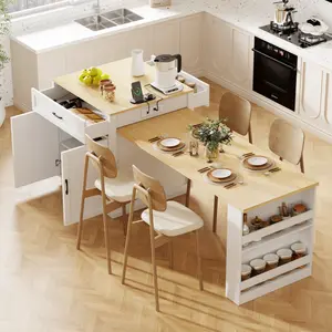 82.7 inch Kitchen Island with Extendable Dining Table for 4-6 Person,Two-tone Kitchen Table with Double-sized Storage, Power Outlet, Kitchen island with Storage 2 Drawers 2 Side Open Shelves