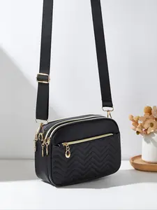 Fashion V-Shape Quilted Solid Color Square Bag, Multiple Zipper Crossbody Bag, Adjustable Strap Purse, Adjustable Shoulder Strap, Stylish and Versatile