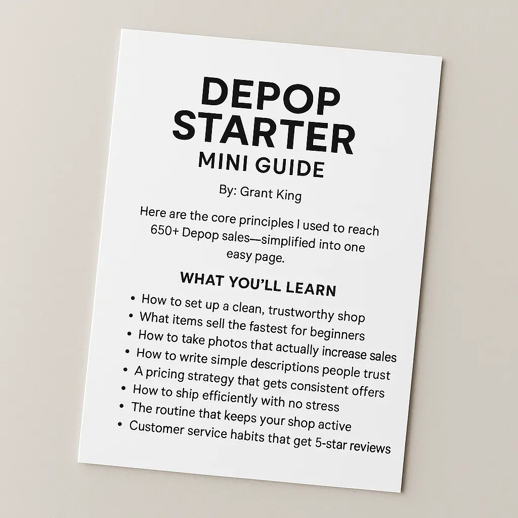 Depop Starter Mini Guide Physical Card Full Digital Guide Included for Beginners How to Set Up a Clean Trustworthy Shop and Sell Fast