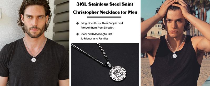 ORAZIO St Christopher Medal Necklace Silver 316L Stainless Steel Saint Christopher Necklace for Men Women Religious Amulet Pendant Christian Gifts 22/24 Inch