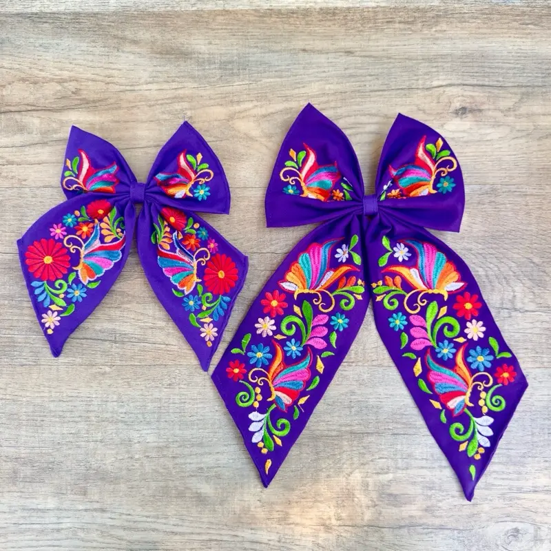 Butterfly Embroidered Mexican Hair Bows Butterfly Design -  Moños Mariposa Bordados Tamaño Mediano Hummingbird Design 10” Long Colorful Embroidery Stylish Hair Accessories