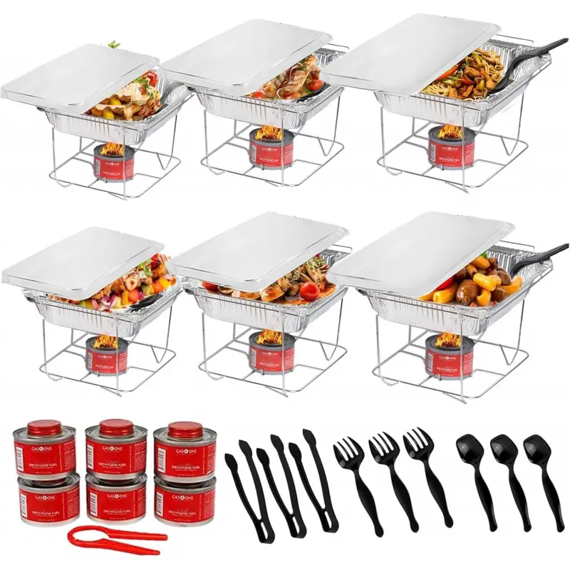 6 Pack - Disposable Chafing Dish Buffet Set, Half Size Pans, Welded Body Food Warmers for Parties, Fuel Cans Complete Set, Warming Trays