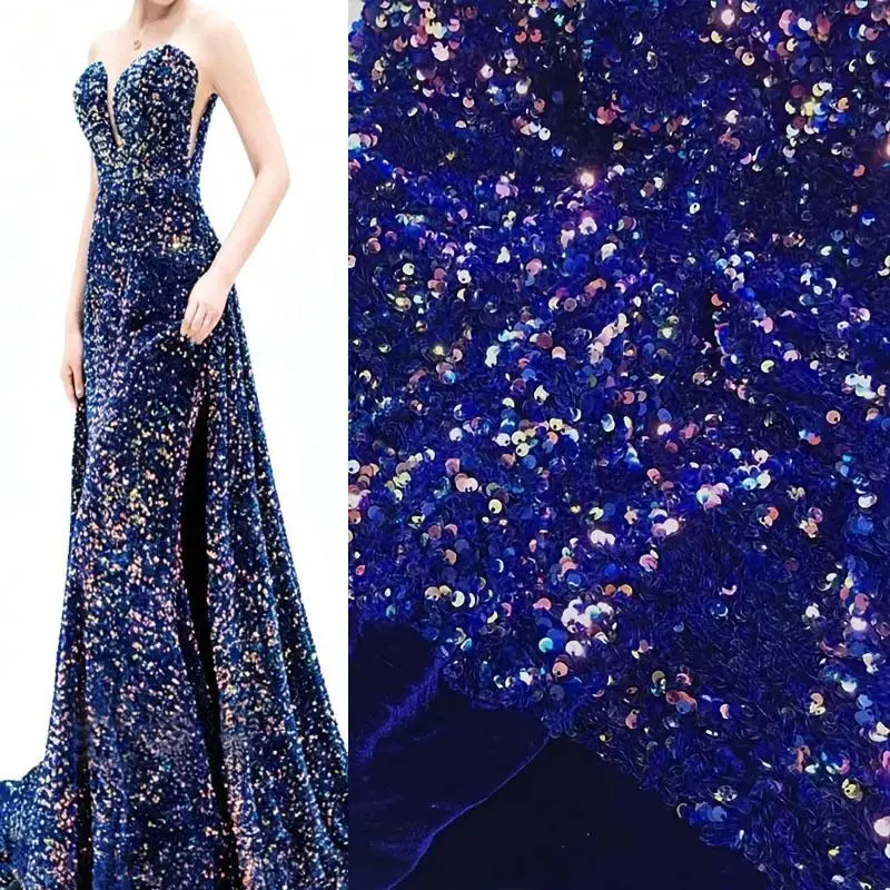 Royal blue sheer tulle fabric embroidered with flowers, multicolor flower-and-leaf mesh cloth for wedding dresses, DIY sewing crafts, and party decorations