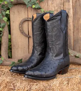MENS black faux OSTRICH print LEATHER Cowboy pointed toe boots