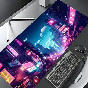Cyberpunk Neon Cityscape Large Gaming Mouse Pad, Washable Rubber Extended Desk Mat with Non-Slip Base, Girly Aesthetic Home Office Decor, Mouse Pads for Desk, Christian Gifts for Women, Gaming Mousepad