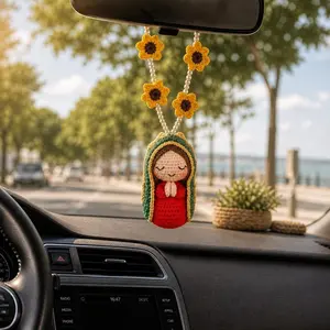 Crochet Lady of Guadalupe Car Charm & Custom Note, Personalized Protection Spirit Hanging, Artisan Virgin Mary Car Decor, Safe Travels Gift