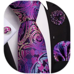 Mens Tie and Lapel Pin Paisley Striped Floral Necktie for Men Pocket Square Cufflinks 4PCS Set Wedding Party
