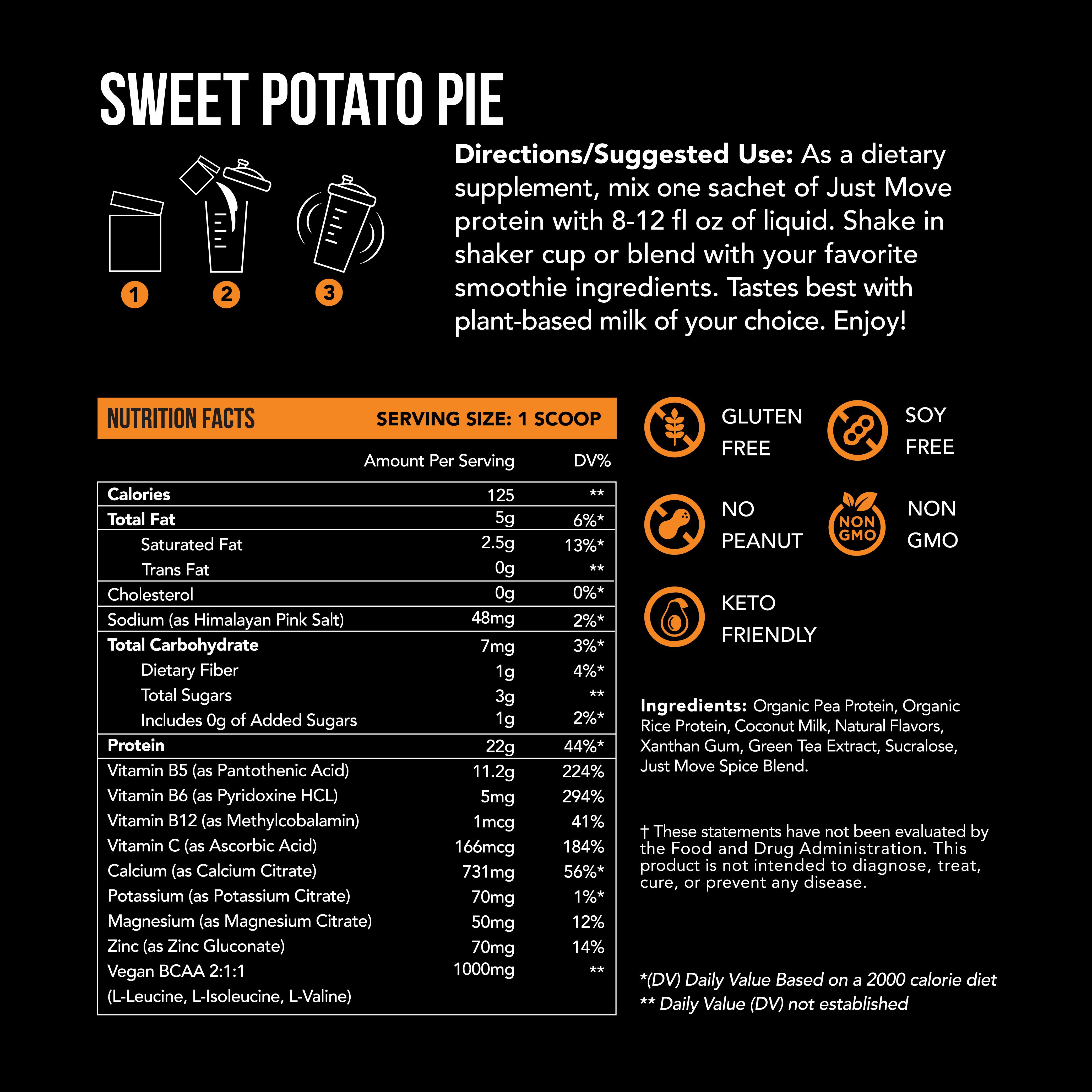 Just Move Protein - Mama's Sweet Potato Pie - Vegan Organic Plant-Based 20g Protein Low Carb Keto Friendly Dairy Soy Gluten Free Non-GMO Post Workout Recovery Supplement Made in US - Nutrition