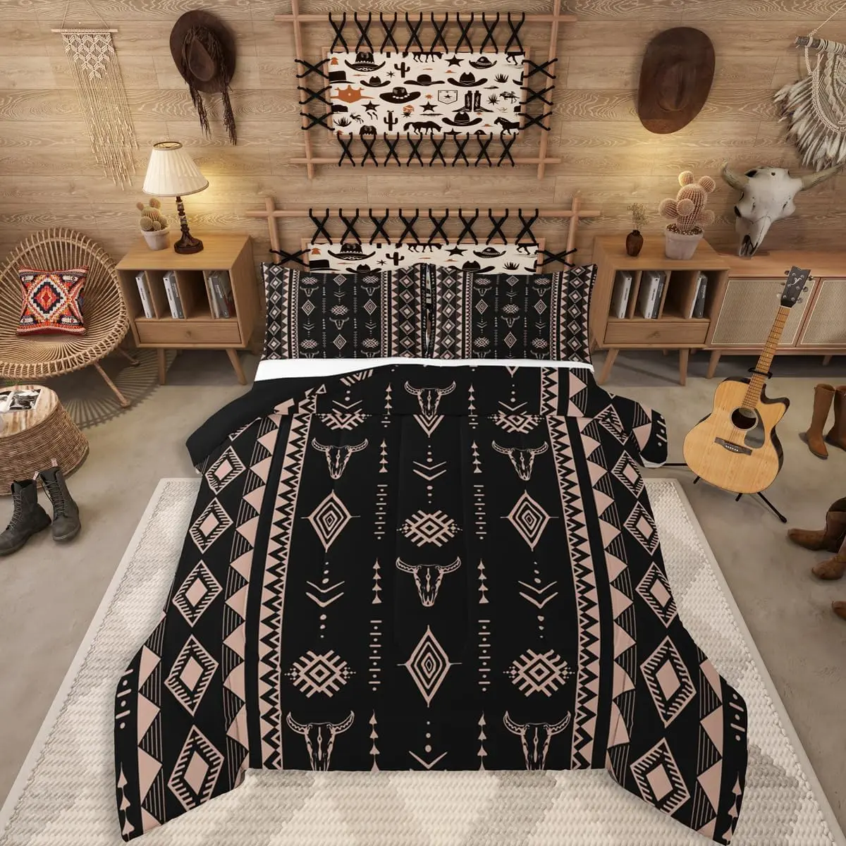 Feelyou Queen Comforter Set - Southwestern Aztec Print Microfiber Bedding Set with Boho Bull Skull, Ethnic Horns, Decorative Quilt for Home Decor, Decorative Bedding Set