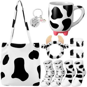 7 Pcs Cow Gift Set for Women Mom Cute Cow Print Gift Stuff Accessories Including Canvas Bag, Socks, Mug, Keychain Pendant, Face Washing Headband Wristband for Cow Lover Themed Birthday Party
